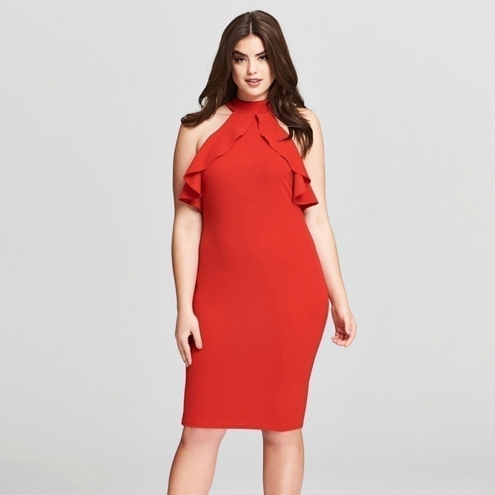 AX Paris Curve Womens 20 Red Reuffle Detail Midi Summer Dress NWT